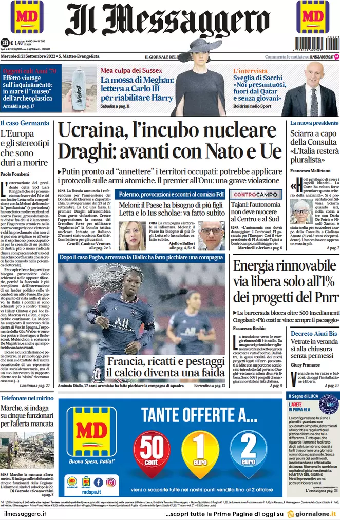 Prime pagine giornali 21 settembre 2022. Italiani bocciano Draghi sull’Ucraina