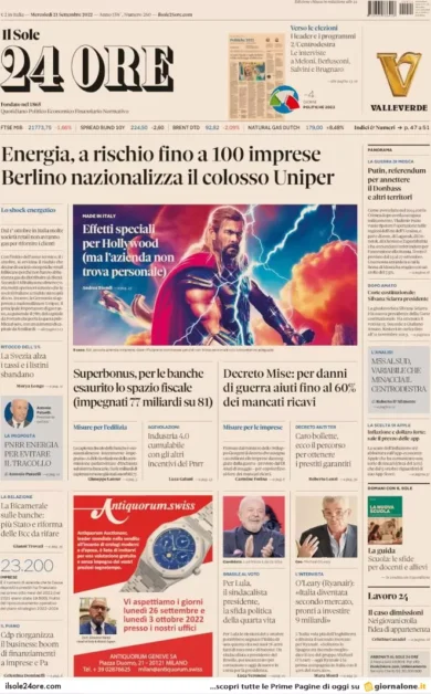 Prime pagine giornali economici 21 settembre. Pnrr energia o sarà il tracollo