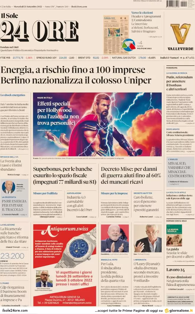 Prime pagine giornali economici 21 settembre. Pnrr energia o sarà il tracollo Prime pagine giornali economici 21 settembre. Pnrr energia o sarà il tracollo
