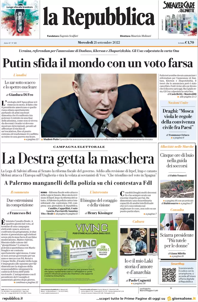 Prime pagine giornali 21 settembre 2022. Italiani bocciano Draghi sull’Ucraina