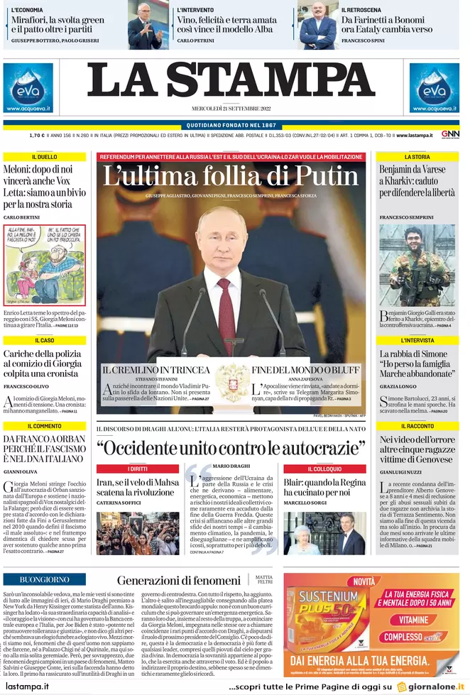 Prime pagine giornali 21 settembre 2022. Italiani bocciano Draghi sull’Ucraina