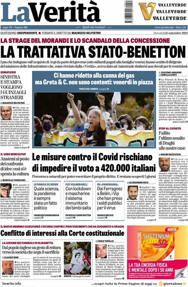 Prime pagine giornali 21 settembre 2022. Italiani bocciano Draghi sull’Ucraina