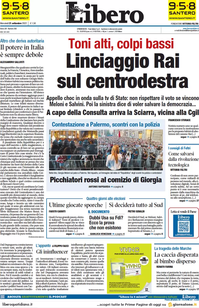 Prime pagine giornali 21 settembre 2022. Italiani bocciano Draghi sull’Ucraina