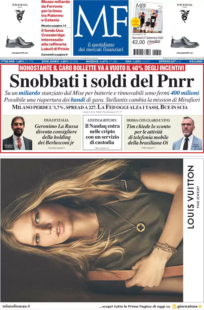 Prime pagine giornali economici 21 settembre. Pnrr energia o sarà il tracollo Prime pagine giornali economici 21 settembre. Pnrr energia o sarà il tracollo