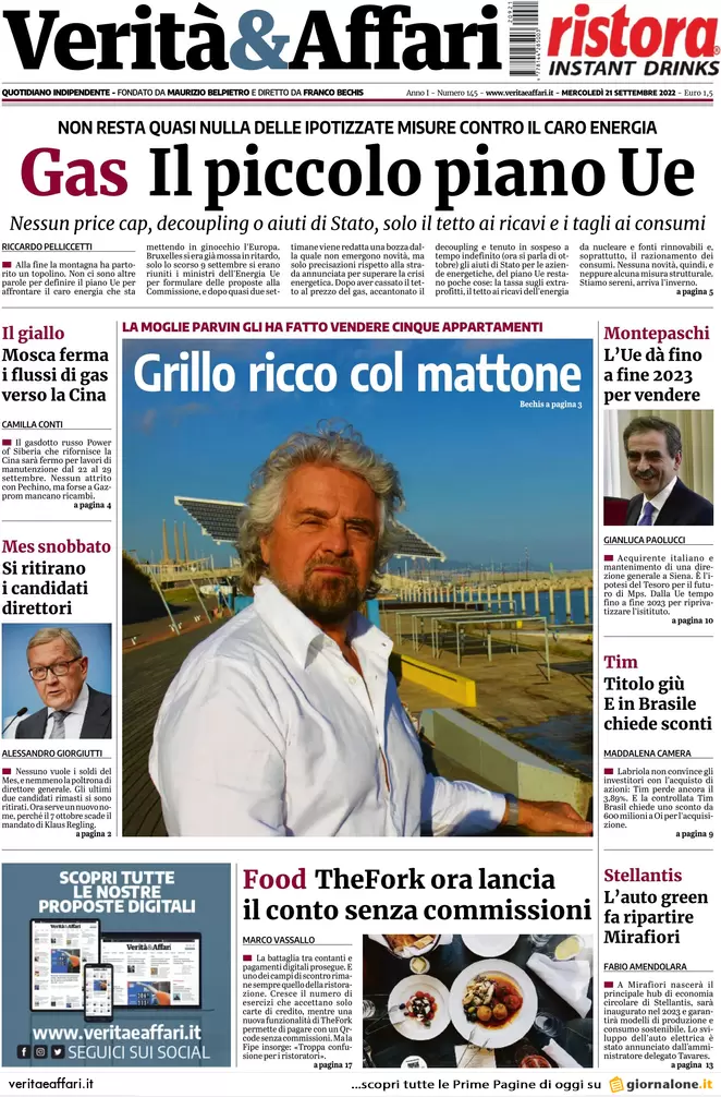 Prime pagine giornali economici 21 settembre. Pnrr energia o sarà il tracollo Prime pagine giornali economici 21 settembre. Pnrr energia o sarà il tracollo
