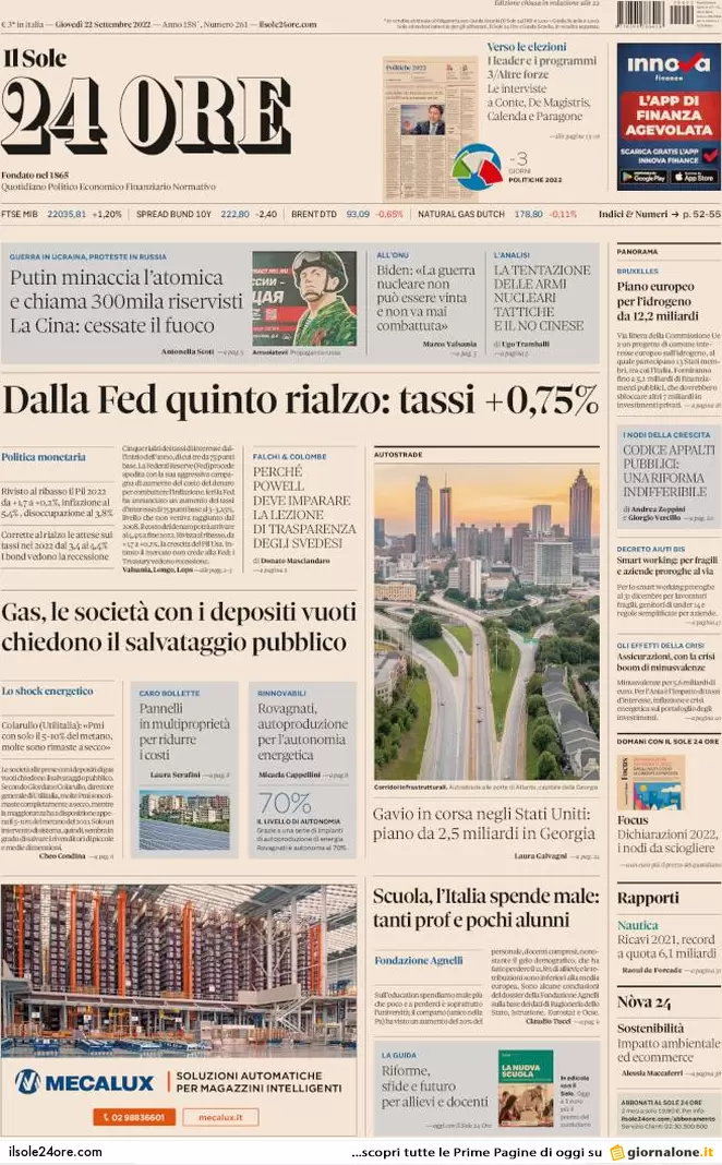 Prime pagine giornali economici 22 settembre. Usa, la Fed alza i tassi: +0,75% Prime pagine giornali economici 22 settembre. Usa, la Fed alza i tassi: +0,75%