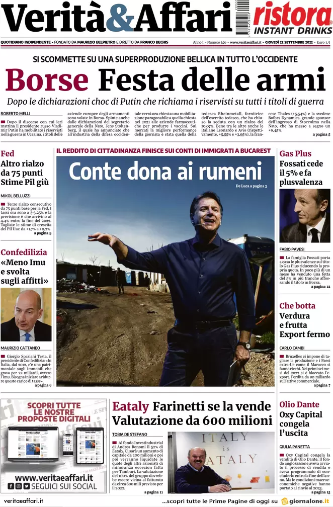 Prime pagine giornali economici 22 settembre. Usa, la Fed alza i tassi: +0,75% Prime pagine giornali economici 22 settembre. Usa, la Fed alza i tassi: +0,75%