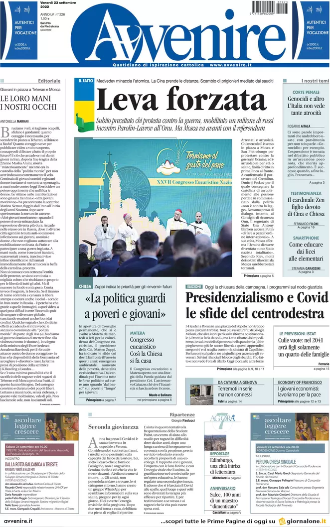 Prime pagine giornali 23 settembre 2022. Meloni: cambiamo la Carta da soli