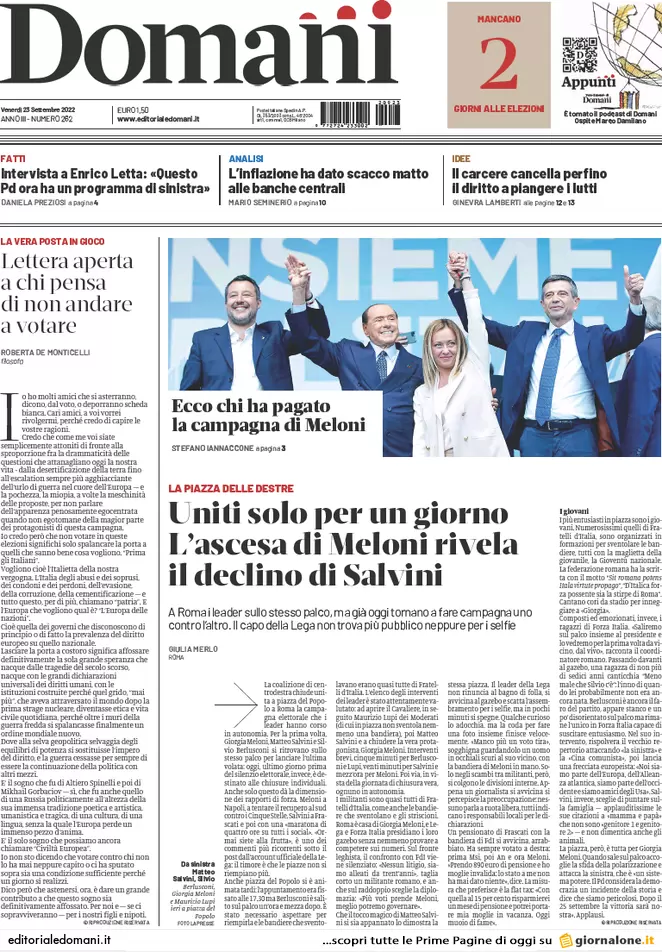 Prime pagine giornali 23 settembre 2022. Meloni: cambiamo la Carta da soli