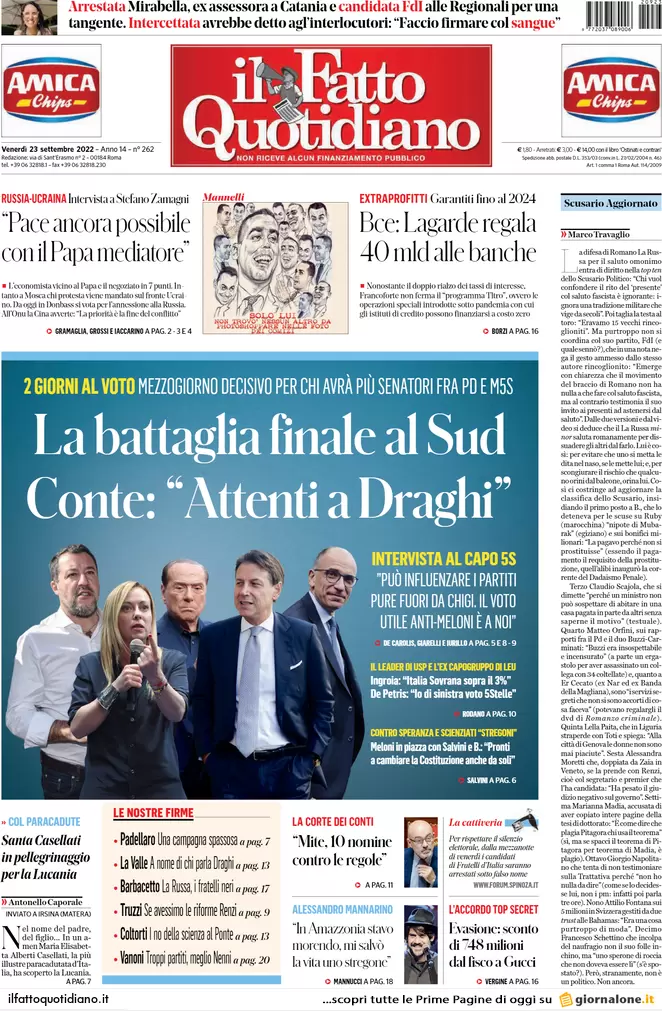 Prime pagine giornali 23 settembre 2022. Meloni: cambiamo la Carta da soli