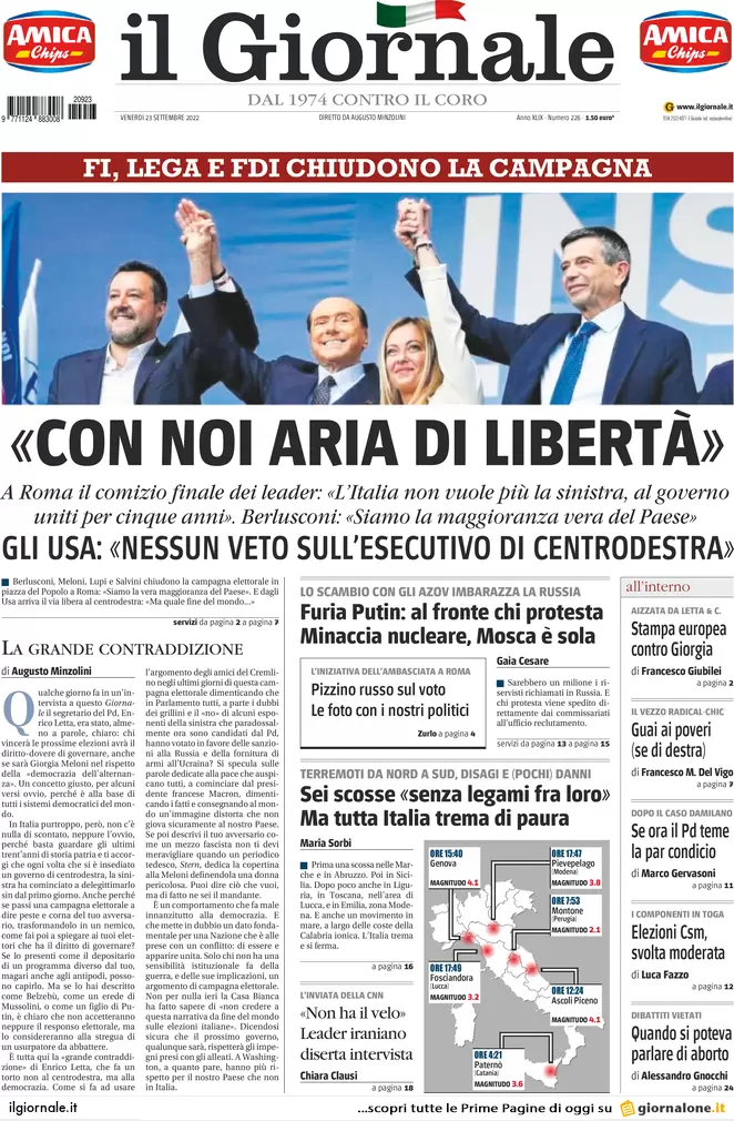 Prime pagine giornali 23 settembre 2022. Meloni: cambiamo la Carta da soli
