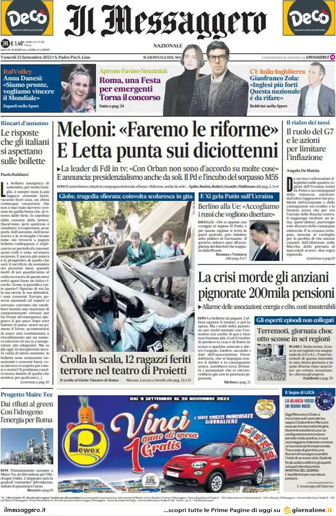 Prime pagine giornali 23 settembre 2022. Meloni: cambiamo la Carta da soli