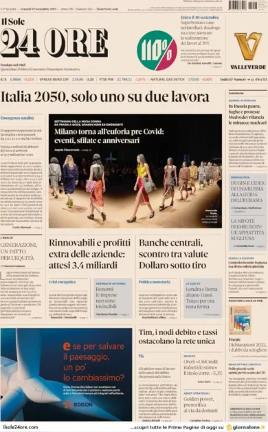 Prime pagine giornali economici 23 settembre. Italia 2050: lavora solo 1 su 2