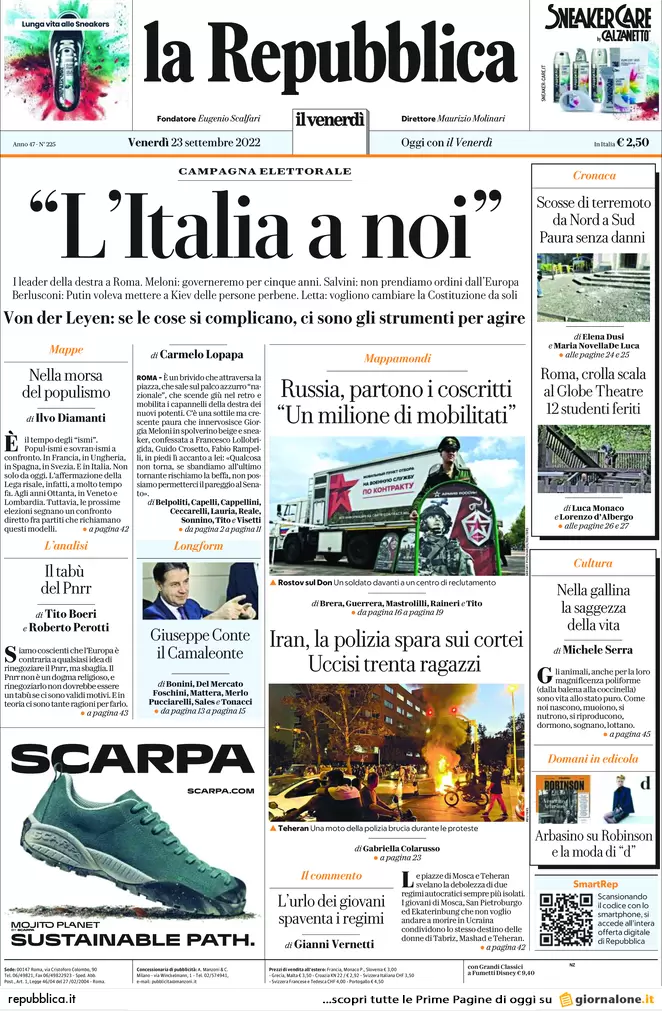 Prime pagine giornali 23 settembre 2022. Meloni: cambiamo la Carta da soli
