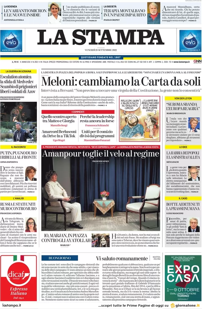 Prime pagine giornali 23 settembre 2022. Meloni: cambiamo la Carta da soli