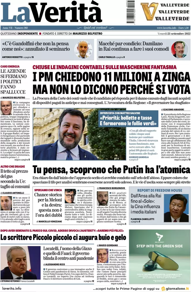 Prime pagine giornali 23 settembre 2022. Meloni: cambiamo la Carta da soli