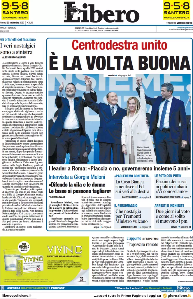Prime pagine giornali 23 settembre 2022. Meloni: cambiamo la Carta da soli