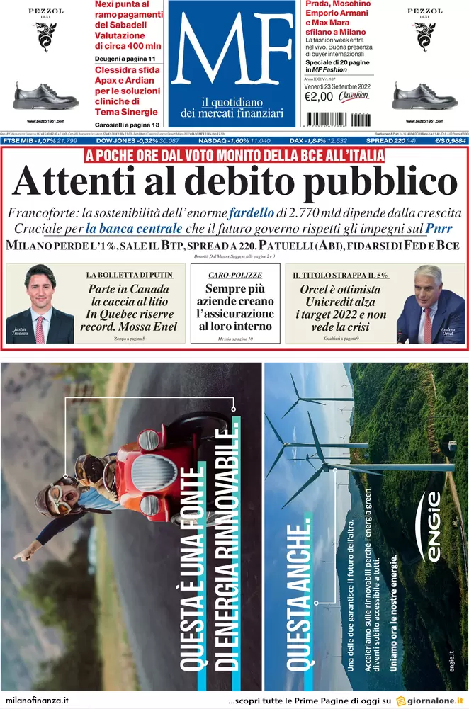 Prime pagine giornali economici 23 settembre. Italia 2050: lavora solo 1 su 2