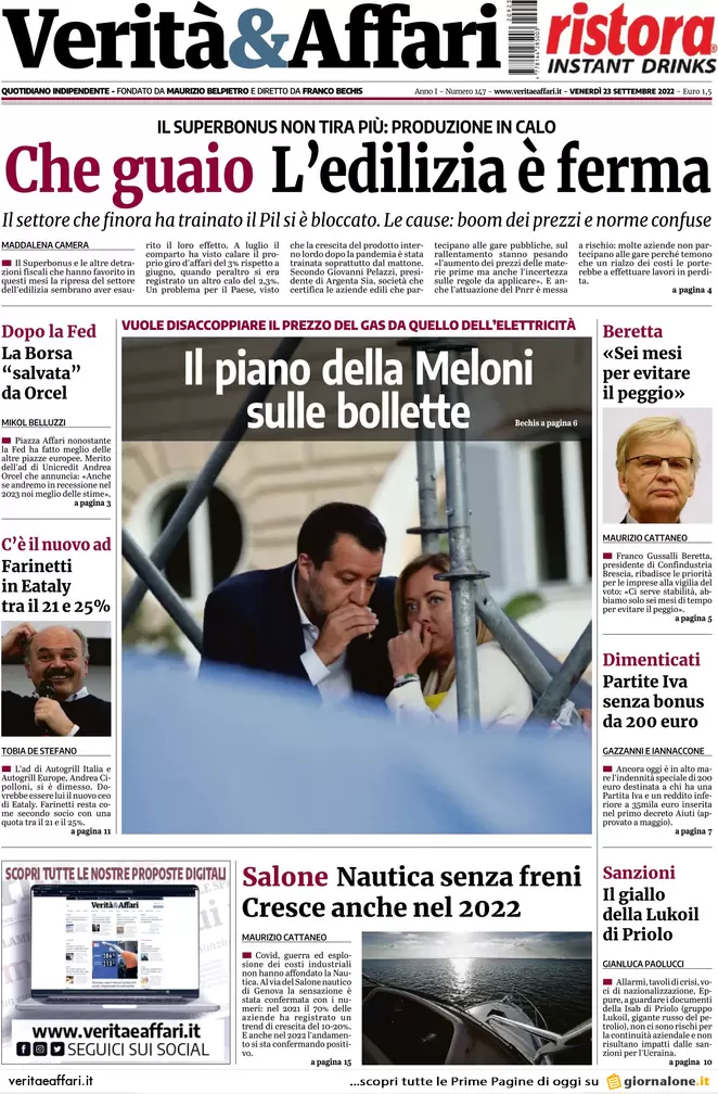 Prime pagine giornali economici 23 settembre. Italia 2050: lavora solo 1 su 2