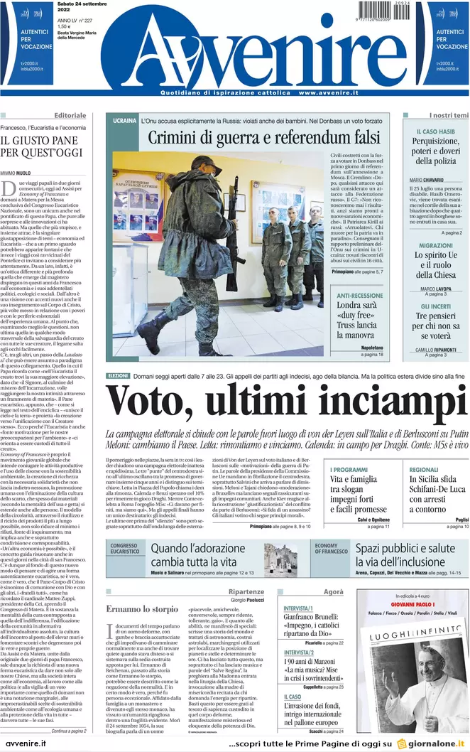 Prime pagine giornali 24 settembre 2022. Voto tra Europa, Putin e bollette