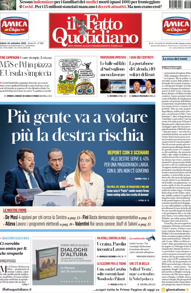 Prime pagine giornali 24 settembre 2022. Voto tra Europa, Putin e bollette