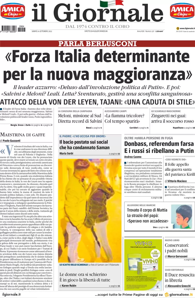 Prime pagine giornali 24 settembre 2022. Voto tra Europa, Putin e bollette
