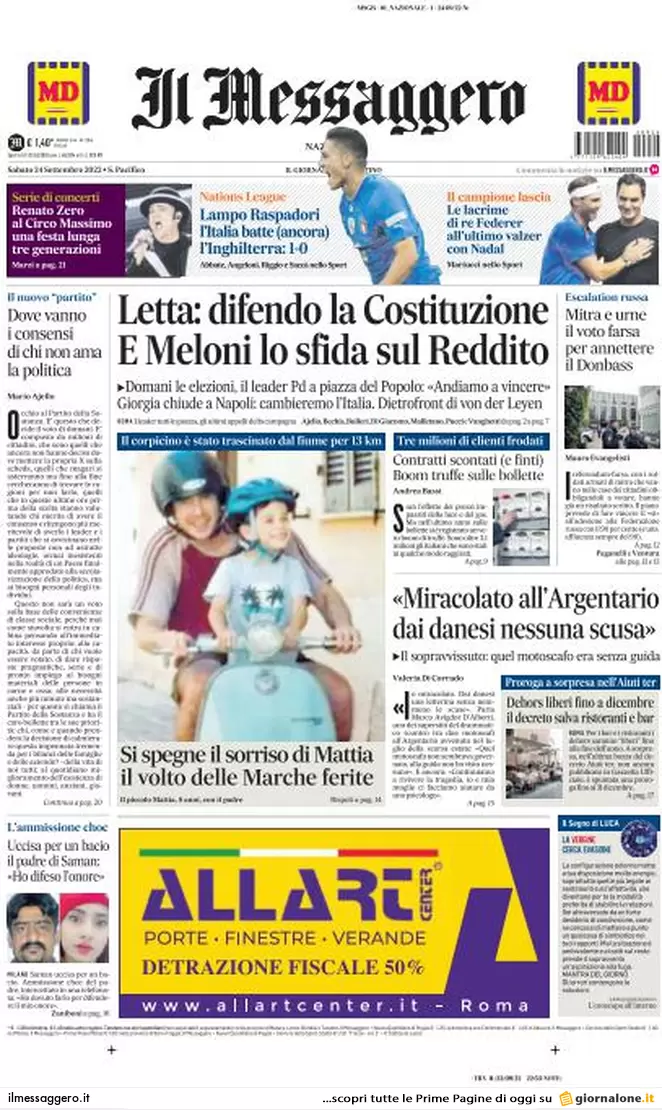 Prime pagine giornali 24 settembre 2022. Voto tra Europa, Putin e bollette