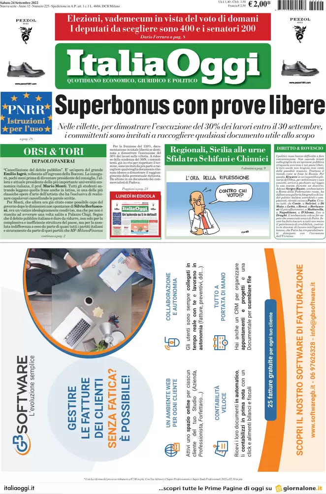 Prime pagine giornali economici 24 settembre. Cantieri a rischio e recessione