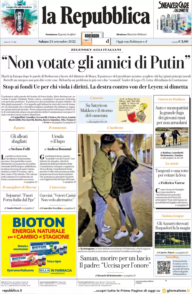 Prime pagine giornali 24 settembre 2022. Voto tra Europa, Putin e bollette