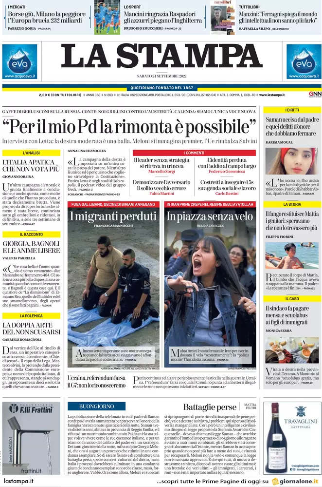 Prime pagine giornali 24 settembre 2022. Voto tra Europa, Putin e bollette