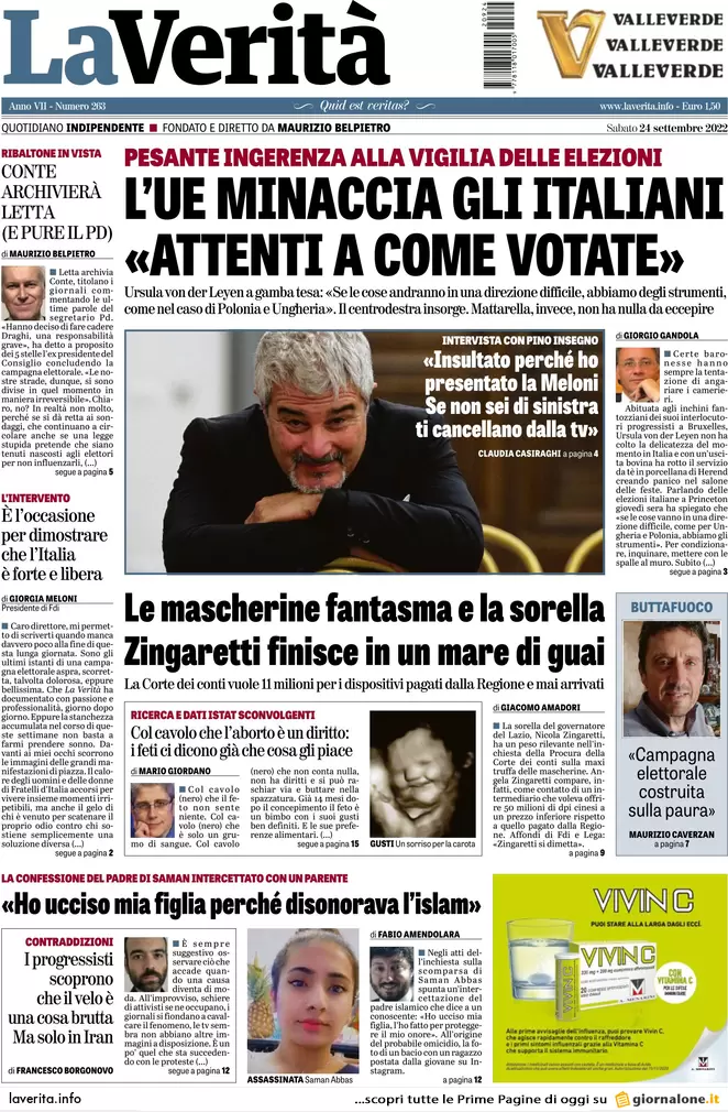 Prime pagine giornali 24 settembre 2022. Voto tra Europa, Putin e bollette
