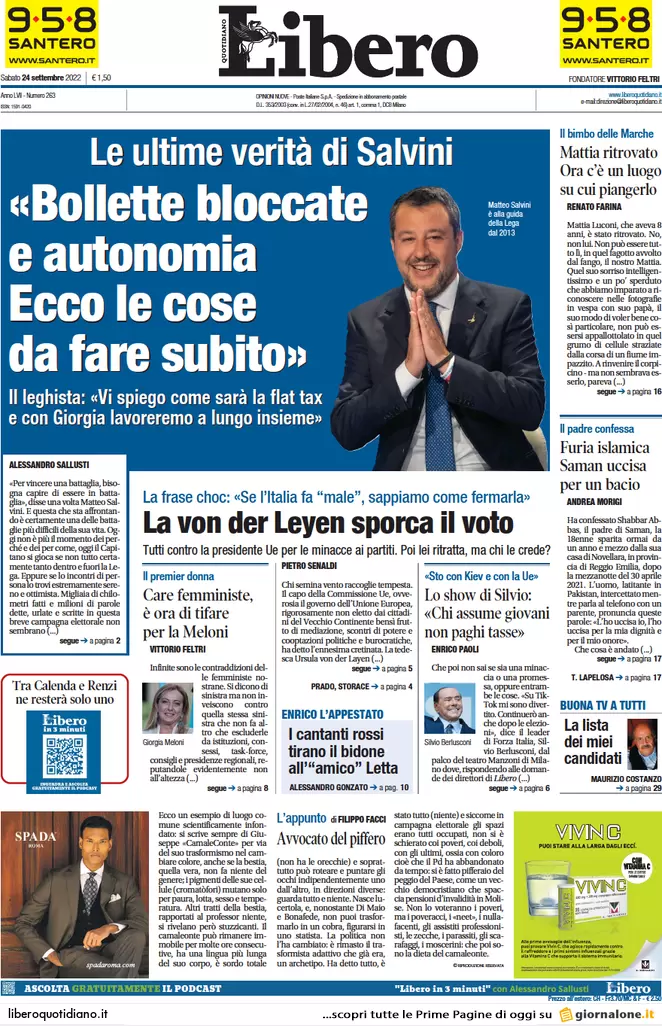 Prime pagine giornali 24 settembre 2022. Voto tra Europa, Putin e bollette