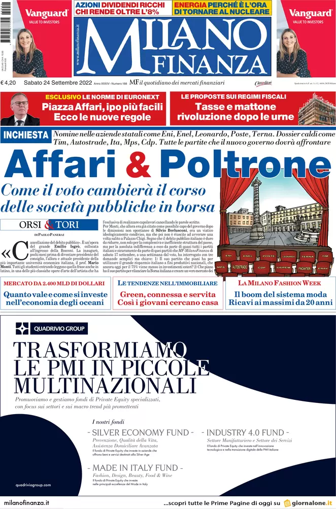 Prime pagine giornali economici 24 settembre. Cantieri a rischio e recessione