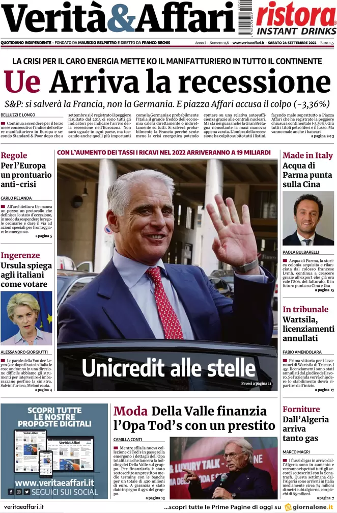 Prime pagine giornali economici 24 settembre. Cantieri a rischio e recessione