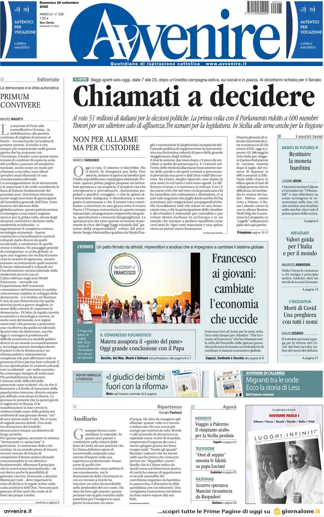 Prime pagine giornali 25 settembre 2022. L’Italia decide e il mondo osserva