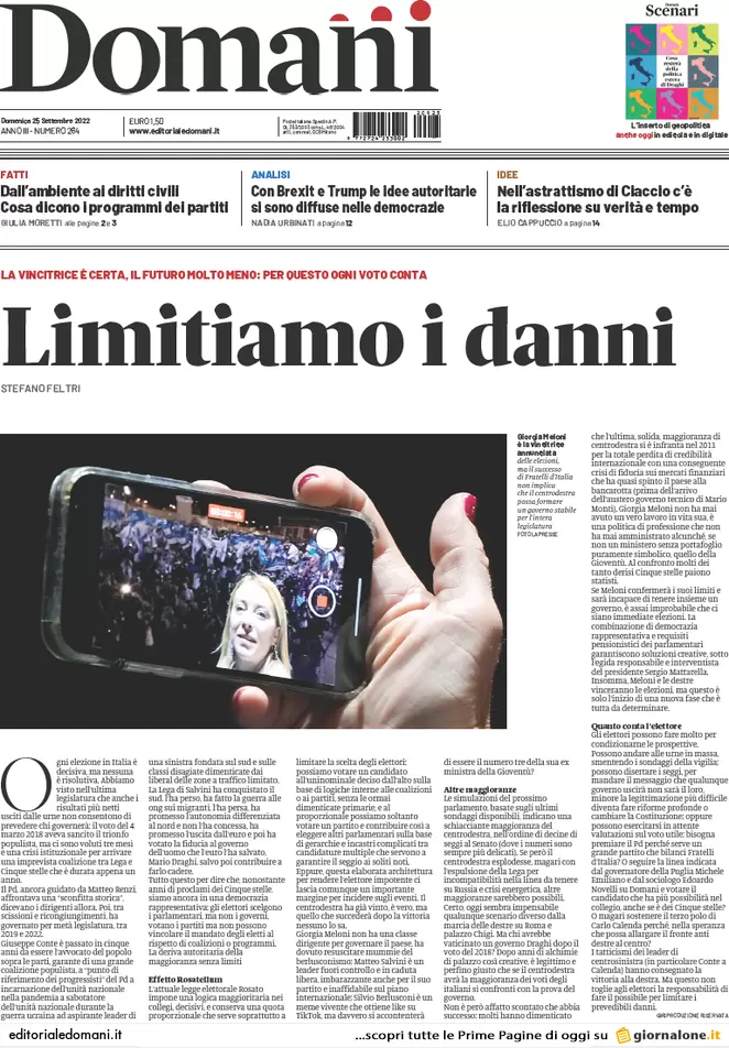 Prime pagine giornali 25 settembre 2022. L’Italia decide e il mondo osserva