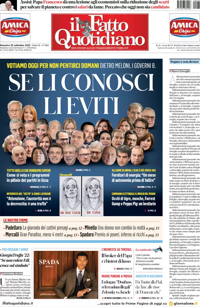 Prime pagine giornali 25 settembre 2022. L’Italia decide e il mondo osserva