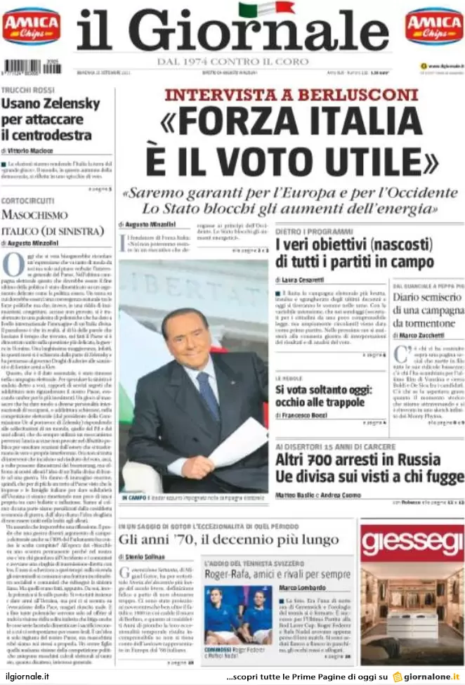 Prime pagine giornali 25 settembre 2022. L’Italia decide e il mondo osserva