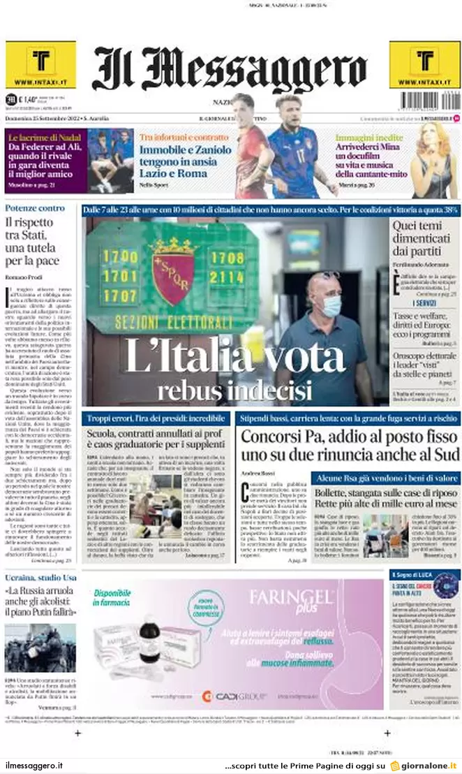 Prime pagine giornali 25 settembre 2022. L’Italia decide e il mondo osserva