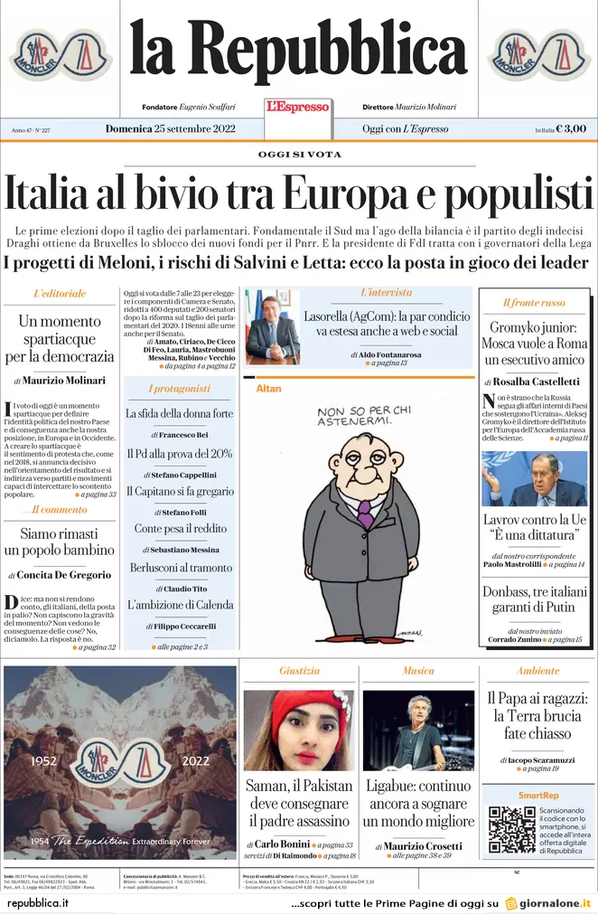 Prime pagine giornali 25 settembre 2022. L’Italia decide e il mondo osserva