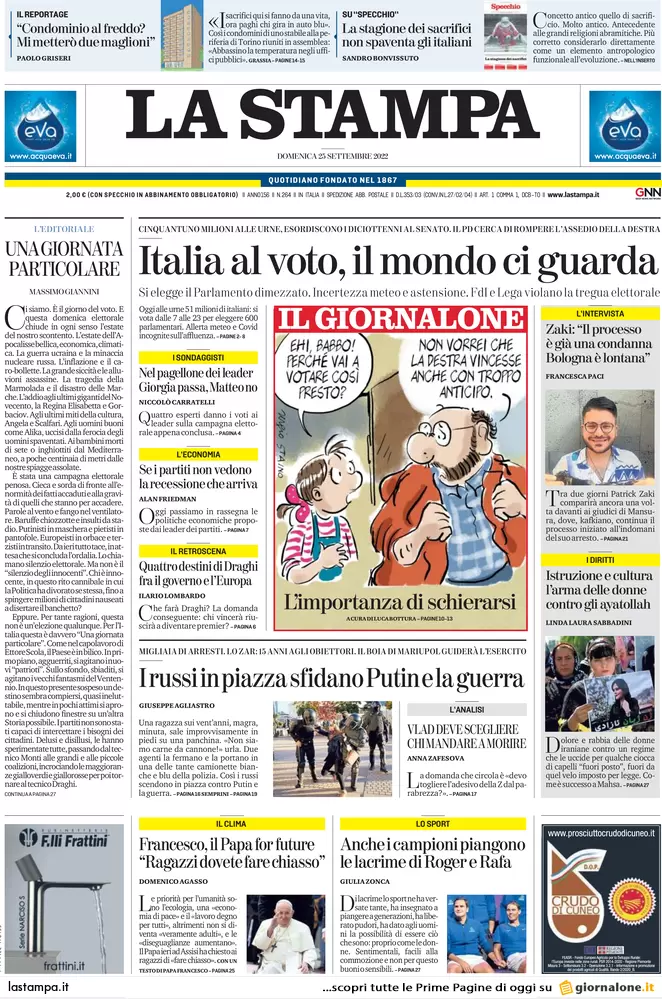 Prime pagine giornali 25 settembre 2022. L’Italia decide e il mondo osserva