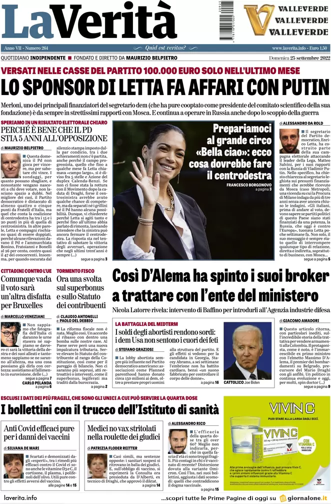 Prime pagine giornali 25 settembre 2022. L’Italia decide e il mondo osserva