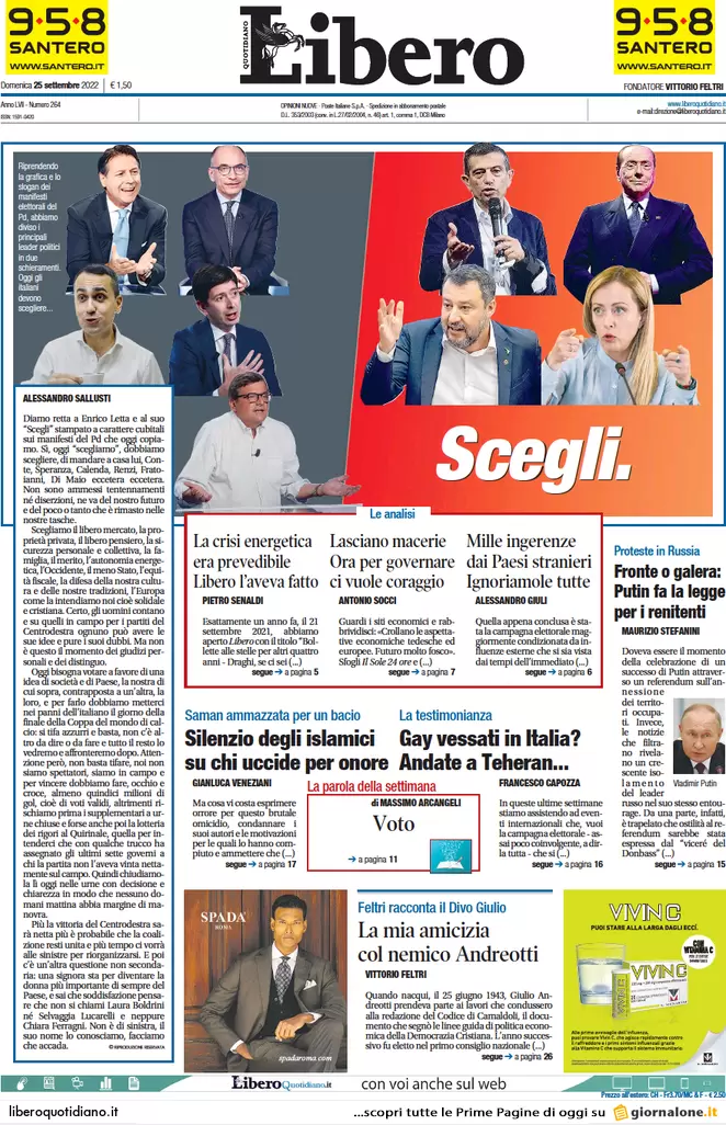 Prime pagine giornali 25 settembre 2022. L’Italia decide e il mondo osserva