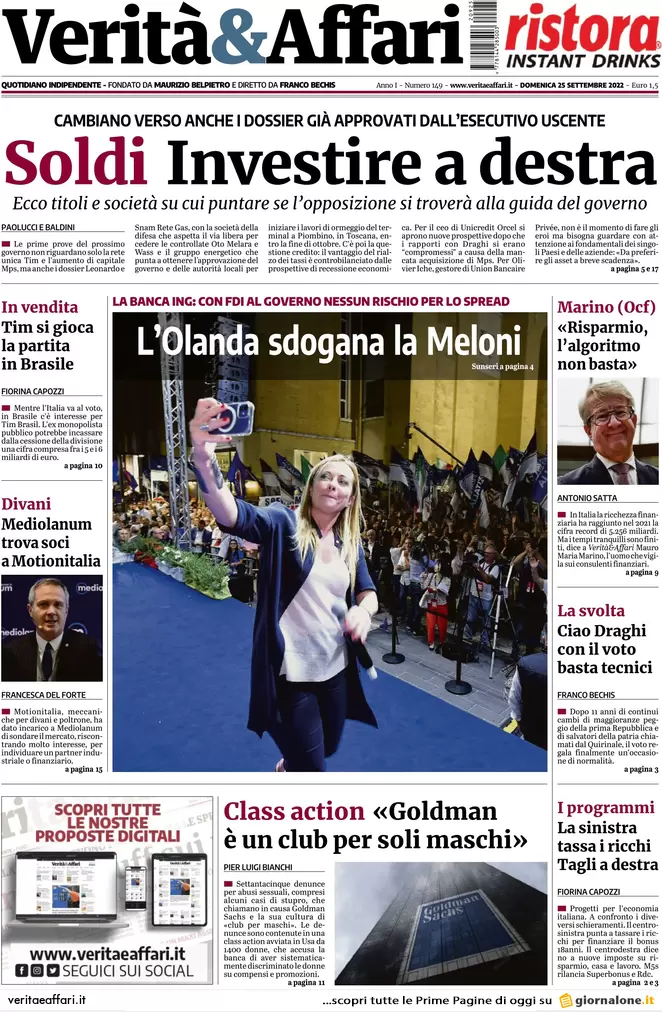 Prime pagine giornali economici 25 settembre. Tutte le mine del nuovo governo