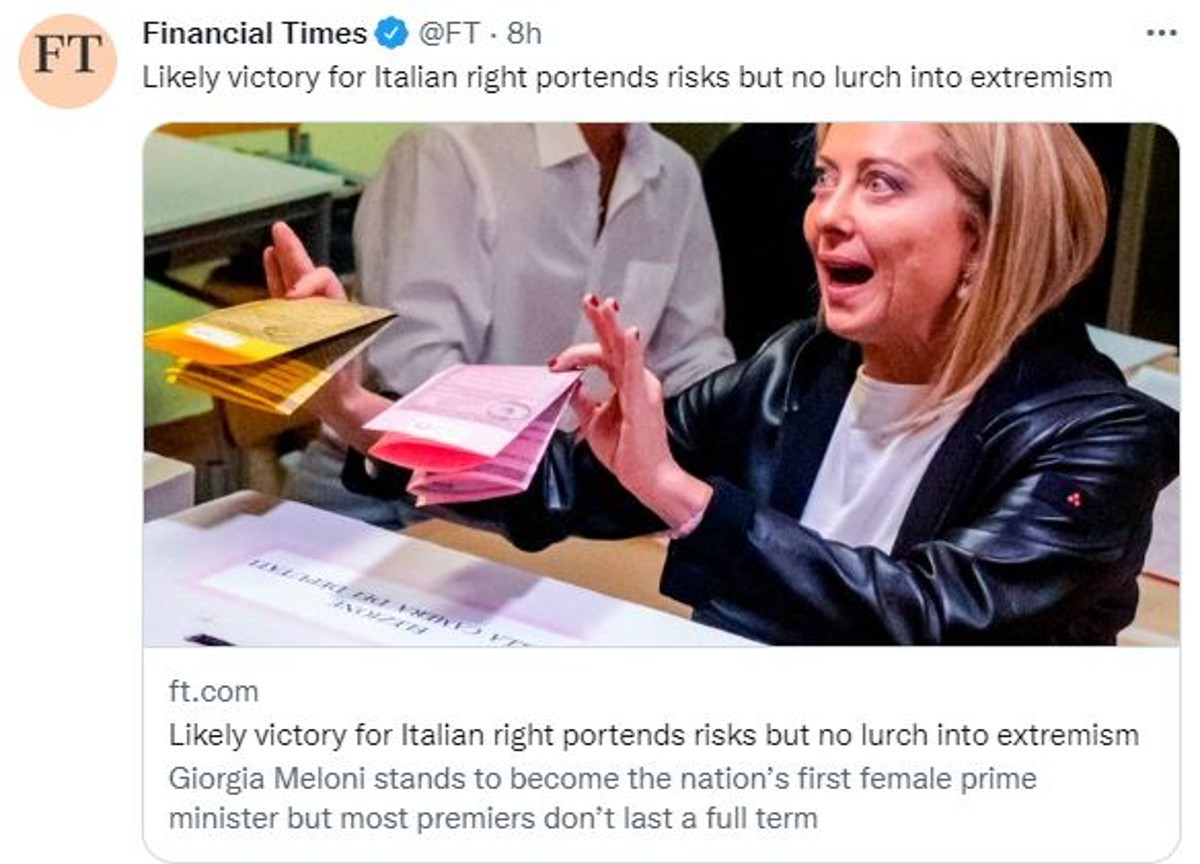 FdI vince elezioni, Financial Times: “Rischi per l’Italia ma non è estremismo” FdI vince elezioni, Financial Times: “Rischi per l’Italia ma non è estremismo”