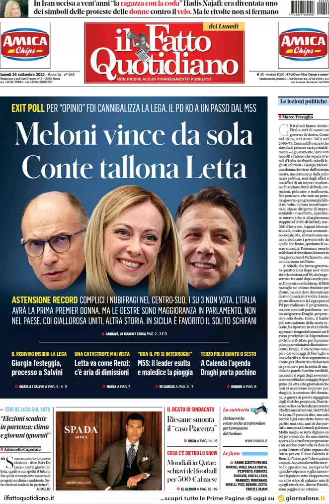 Prime pagine giornali 26 settembre 2022. Elezioni, resa dei conti in Pd e Lega