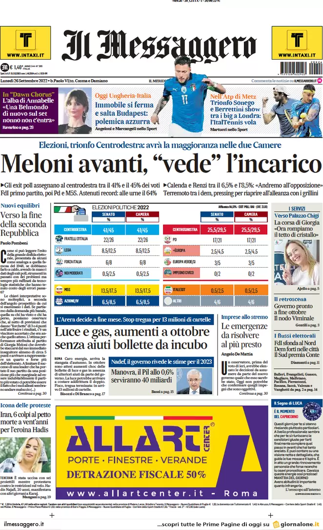 Prime pagine giornali 26 settembre 2022. Elezioni, resa dei conti in Pd e Lega