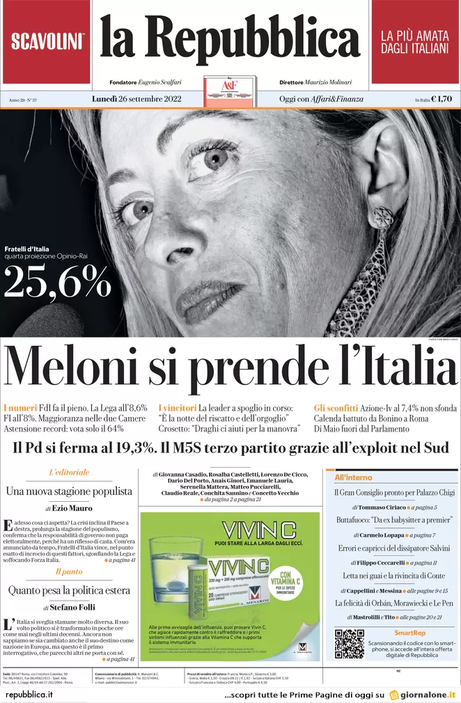 Prime pagine giornali 26 settembre 2022. Elezioni, resa dei conti in Pd e Lega