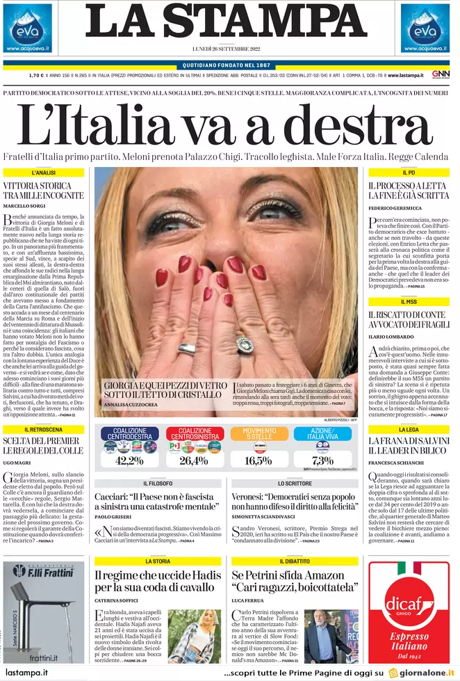 Prime pagine giornali 26 settembre 2022. Elezioni, resa dei conti in Pd e Lega