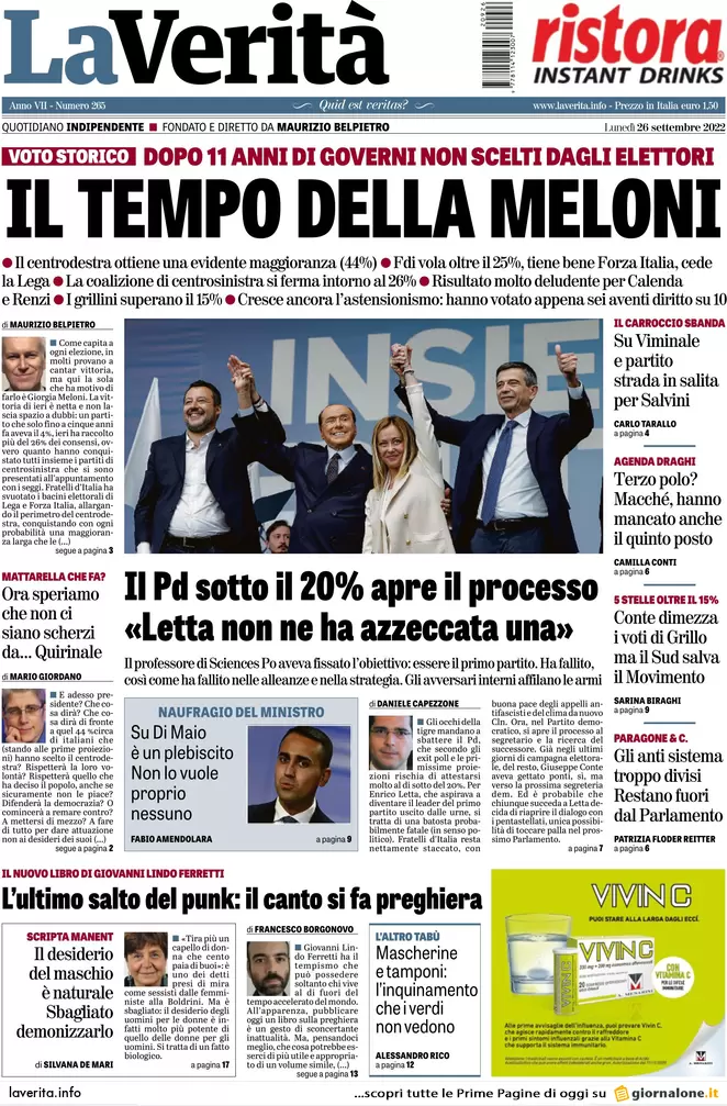 Prime pagine giornali 26 settembre 2022. Elezioni, resa dei conti in Pd e Lega